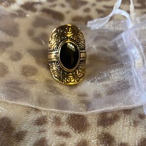 Plunder Gold-Tone Filigree Ring with Black Oval Stone